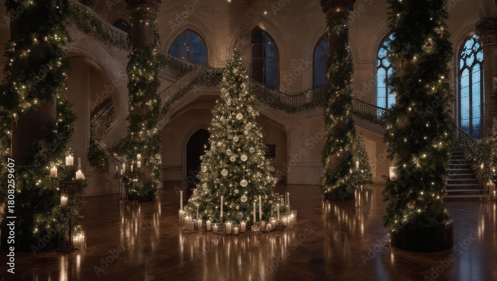 Obraz premium Grand hall decorated for the holidays; Christmas tree, staircase, columns, lights, and candles