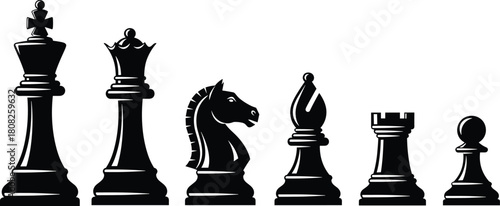 Set of black chess pieces including king queen knight bishop rook and pawn isolated on white background for game strategy and competition vector illustration.