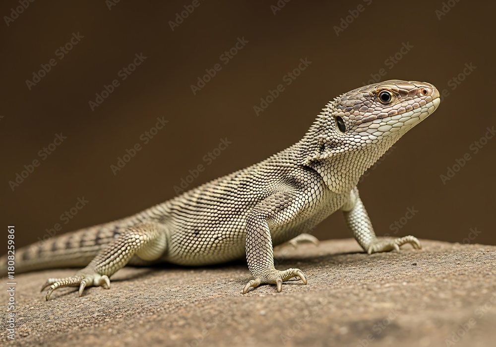 Fototapeta premium A desert lizard with distinctive striped pattern rests on a rocky surface