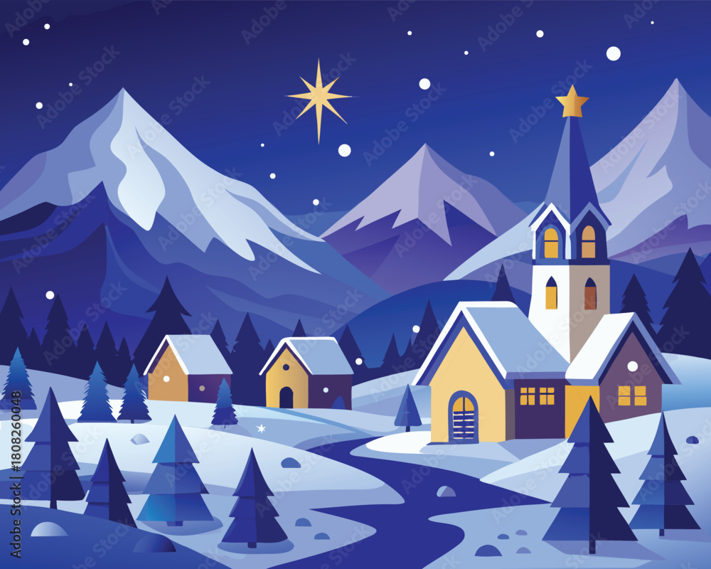 Fototapeta premium Winter village at night with snow-covered mountains and church