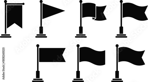 Set of black flag vector icons featuring wavy triangular and rectangular shapes on flagpoles isolated on white background for map markers location symbols and design art.