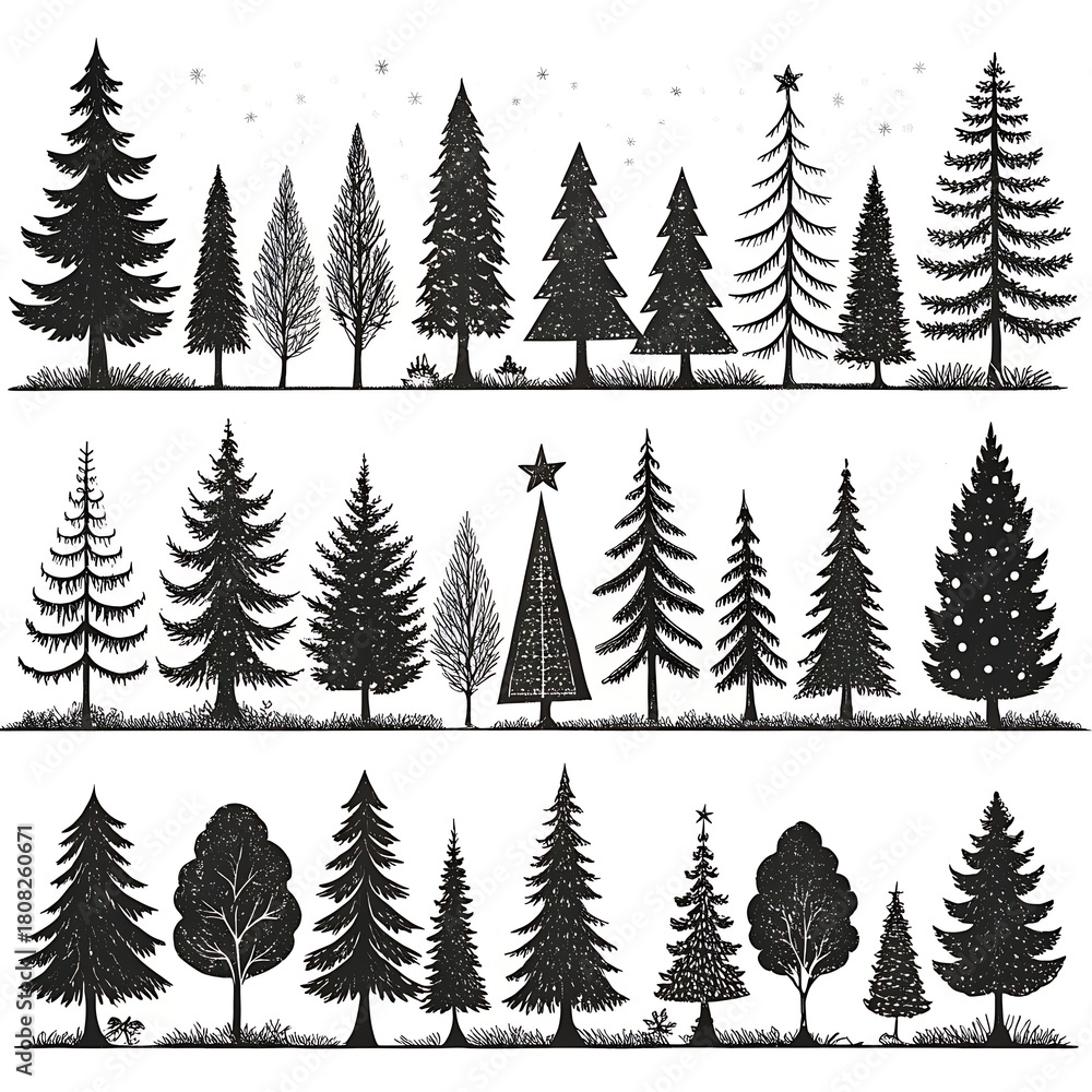 Obraz premium Collection of hand drawn silhouette christmas trees and evergreen forest