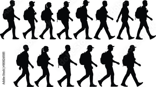 Set of black silhouettes showing men and women walking with backpacks in profile view isolated on white background for hiking travel vector illustration design art.