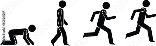 Set of black stick figure icons showing sequence of man crawling walking and running isolated on white background for progress and evolution vector illustration.