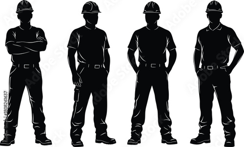 Set of construction worker silhouettes, a builder in a hard hat and work clothes, standing with arms crossed, hands in pockets, isolated vector.