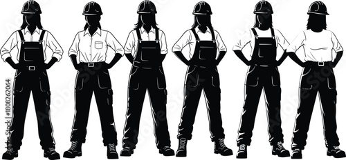 Set of female construction workers, woman builder silhouettes in hard hats and overalls, handywoman vector icon collection, industrial labor illustration, isolated on white.