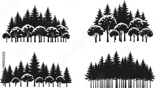 Set of four black forest silhouettes showing pine and deciduous trees isolated on white background for landscape nature design and environmental vector illustration art.