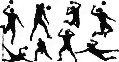 WebSet of handball player silhouettes showing men jumping, throwing, and diving with ball isolated on white background for sport competition vector illustration design art.