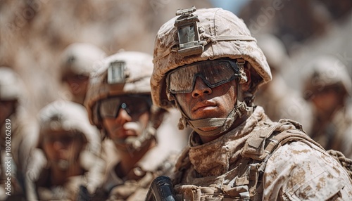 US Marines in full combat gear and helmets, standing together in a desert environment, ready for duty.