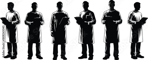 Set of male doctor silhouettes wearing medical gowns and holding clipboards standing in a row isolated on white background for healthcare hospital vector illustration design.
