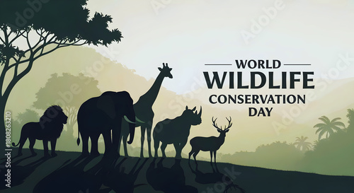 Silhouette Wildlife Animals in Jungle Scene Featuring Elephant, Lion, Giraffe, Deer and Rhino for World Wildlife Conservation Day