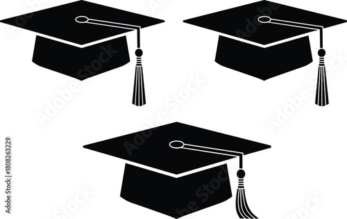 Set of three black graduation cap silhouettes with tassels isolated on white background for university college degree ceremony and academic success vector illustration design.