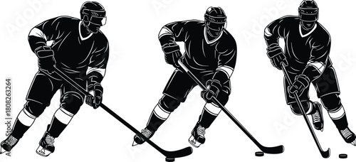 Set of three black ice hockey player silhouettes wearing helmets skating with sticks and pucks isolated on white background for winter sport competition vector illustration.