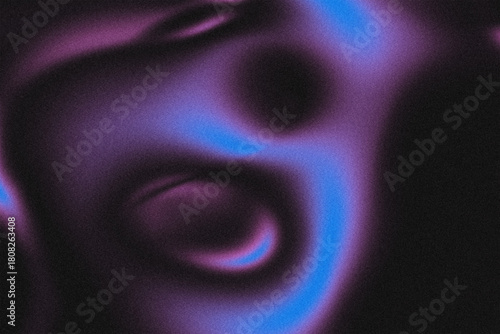 Surreal distorted screaming face emerges from a dark, grainy background, illuminated by a vintage-style purple and blue gradient aura