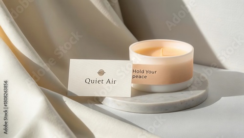 Serene Candle Display with Elegant Card Message of Tranquility and Relaxation on Soft Fabric Background