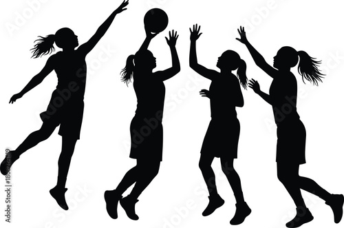 Silhouette of female basketball players jumping, shooting, defending, and passing ball, dynamic vector illustration showing women sports activity, teamwork, and athletic energy concept.