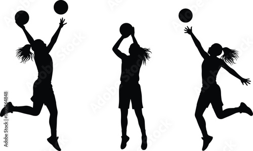 Silhouette of female basketball players jumping, shooting, and playing with ball in dynamic action poses, isolated vector illustration, sporty women athletes design