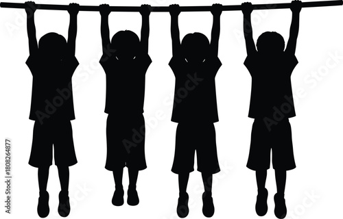Silhouette of four children hanging on horizontal bar, active kids enjoying outdoor exercise, teamwork, fitness and fun vector illustration design