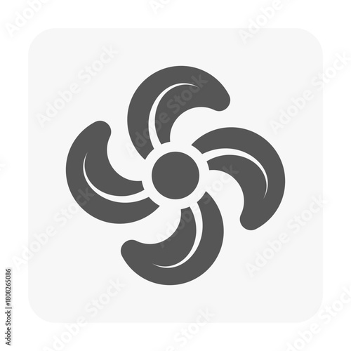 Vector icon of four-blade fan, symbolizing airflow and cooling in climate control systems. Clean and modern monochrome design, ideal for automotive dashboards, HVAC interfaces and user manuals.