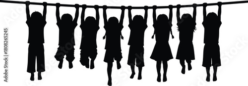 Silhouette of happy children hanging on horizontal bar, playful kids enjoying outdoor activity, teamwork, exercise and friendship concept vector illustration for education design