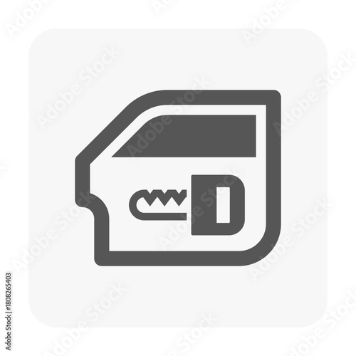 Vector icon of car door and key, featuring clear lock mechanism. Ideal for illustrating vehicle security, door access control, remote key functions, car lock systems, and automotive interface elements
