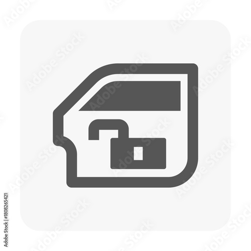 Car door unlocked vector icon, representing accessibility, vehicle entry, convenience and readiness to drive. Ideal for automotive dashboards, UI design, manuals and security status indicators.
