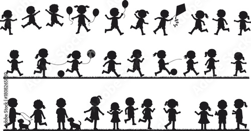 Silhouette of happy children playing outdoors, running, walking dogs, flying kites, jumping rope and holding balloons, joyful kids activity vector illustration design