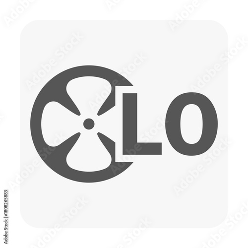 Vector illustration of fan symbol paired with word LOW, representing reduced airflow in climate control systems. Ideal for UI buttons, automotive dashboards, HVAC interfaces and digital control panel