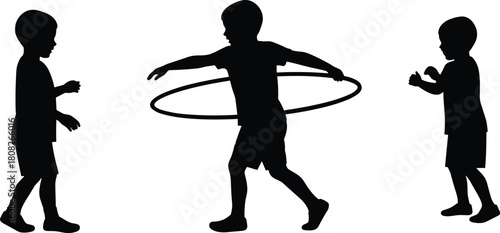 Silhouette of happy children playing together with hula hoop, active kids outdoor fun, childhood activity concept, summer leisure, family entertainment vector illustration
