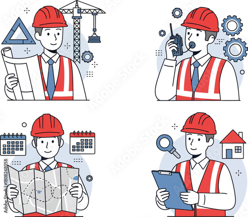 Four diverse construction workers wearing hard hats and safety vests with architectural and engineering elements