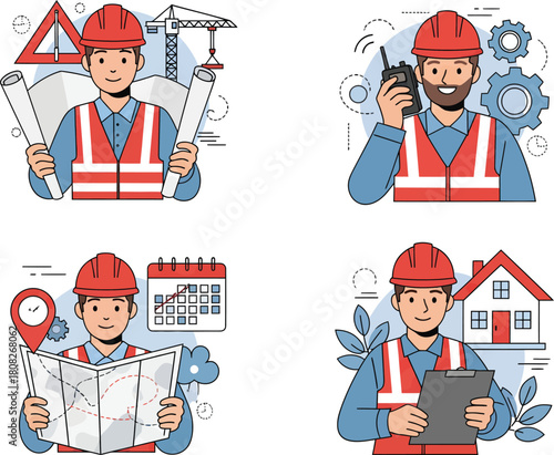 Four construction workers in hard hats and safety vests engaged in various site activities and communication