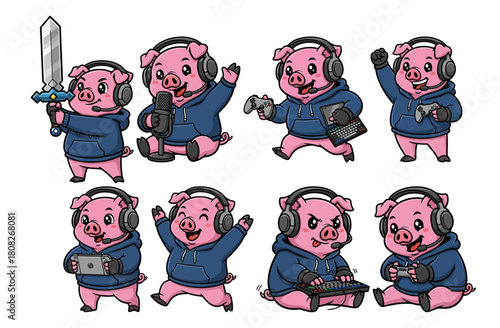 Cute Pig Gamer Mascot Cartoon Playing and Streaming Set