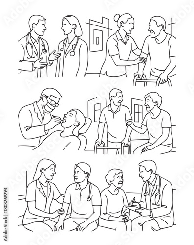 Continous line of Various medical professionals like as doctors, dentists, physical therapists
