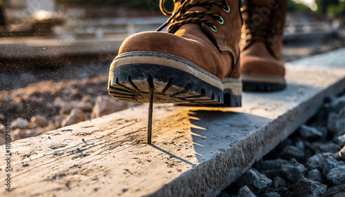 Construction worker boot stepping on protruding nail demonstrating puncture hazard