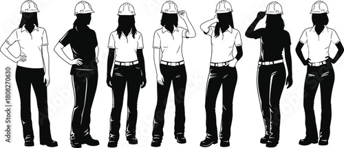 Set of woman worker silhouettes and illustrations, showing a female engineer or builder standing, wearing a hard hat, safety boots, and work clothes, isolated vector.