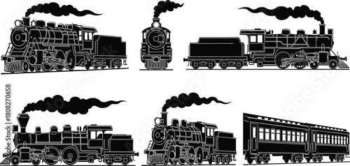 Set of vintage steam train silhouettes featuring black locomotives with smoke and railway carriages isolated on white background for transportation vector illustration design art.
