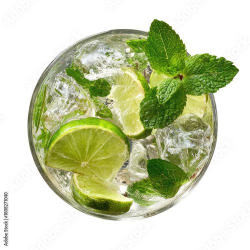 Refreshing cocktail lime, mint, and ice, top-down view