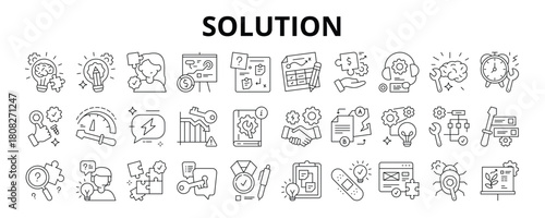 30 Solution Line Icons Vector - Smart Solution, Problem Solver, Help Plan, Support Option, Fast Response, Backup Plan, Best Answer
