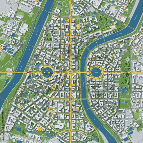 An aerial view showcases a meticulously planned urban landscape with a river, roads, buildings, and green spaces, offering a glimpse of city planning.