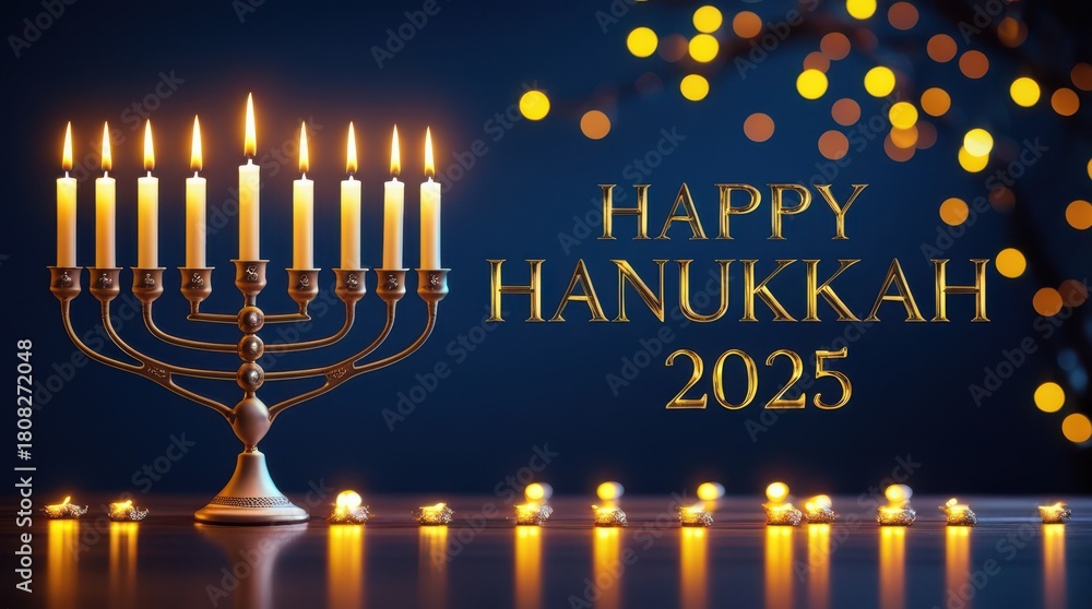 Fototapeta premium Happy Hanukkah 2025 – Menorah with Glowing Candles and Festive Lights