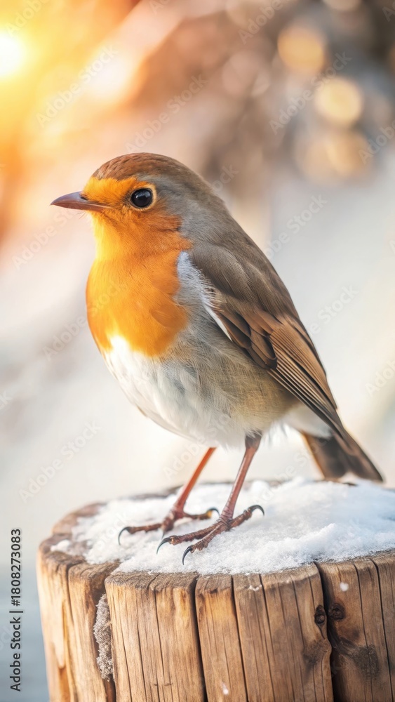 Fototapeta premium The European robins rustic perch on a weathered wooden stump beckons natures tranquility