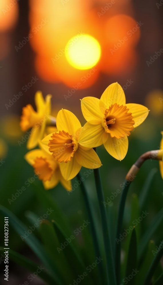 Obraz premium Sunset casts warm light on a cluster of daffodils, petals glowing , petal, sunset