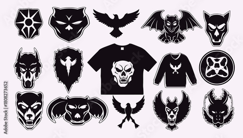 Dark gothic monster emblem collection featuring skull icons, mythical creature silhouettes, aggressive tattoo-style graphics, vintage horror symbols, bold mascot designs, and versatile vector elements