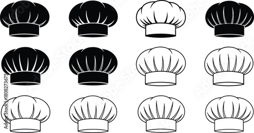 Vector collection of black and white chef hats icons, cooking symbols for restaurant menu design, culinary uniform silhouettes, bakery cap illustrations, kitchen wear signs