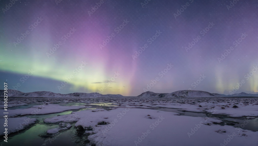 Naklejka premium Vibrant Aurora Borealis Dancing Over a Frozen Winter Landscape.