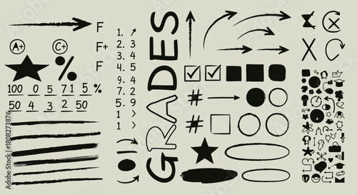 hand drawn grades and doodle symbols collection featuring creative arrows, stars, circles, brush strokes, and classroom elements designed for educational projects, SCHOOL graphics, presentation.
