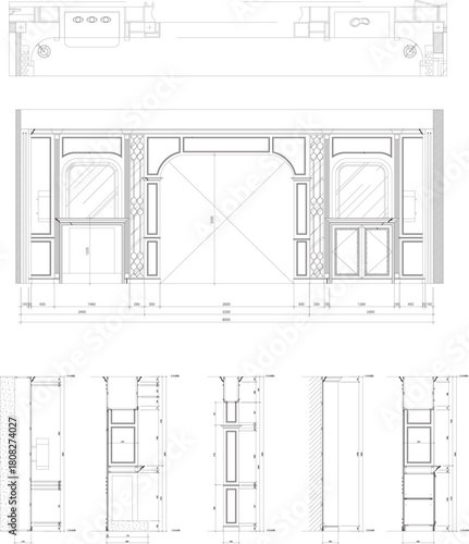 Classic Luxury Living Room Interior Drawing with Showcase and Storage Cabinet Design, Including Floor Plan, Elevation, Section, and Full Construction Details