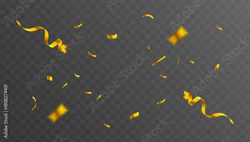 Realistic golden confetti and shiny serpentine streamers falling down, isolated on a transparent background for festive party decoration