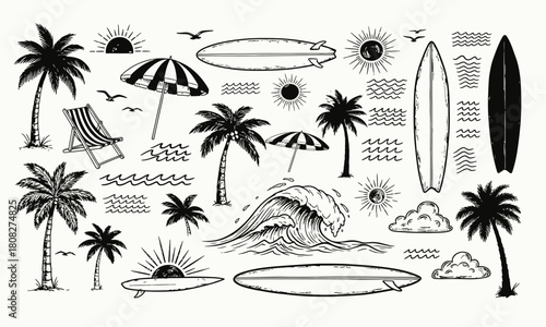 Hand-Drawn Tropical Beach and Surf Illustration Set Featuring Palm Trees, Ocean Waves, Surfboards, Sun, Clouds, Seagulls, Beach Umbrellas, Coastal Elements, Vintage Summer Sketch Art, and Vacation.