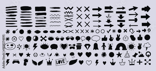 Hand-Drawn Doodle Icons and Arrow Symbols Collection Featuring Brush Strokes, Arrows, Shapes, Emoji